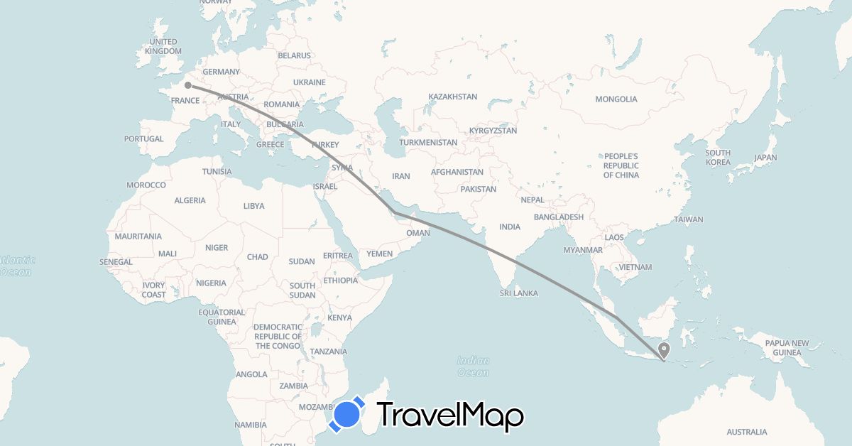 TravelMap itinerary: driving, plane in France, Indonesia, Malaysia, Qatar, Singapore (Asia, Europe)