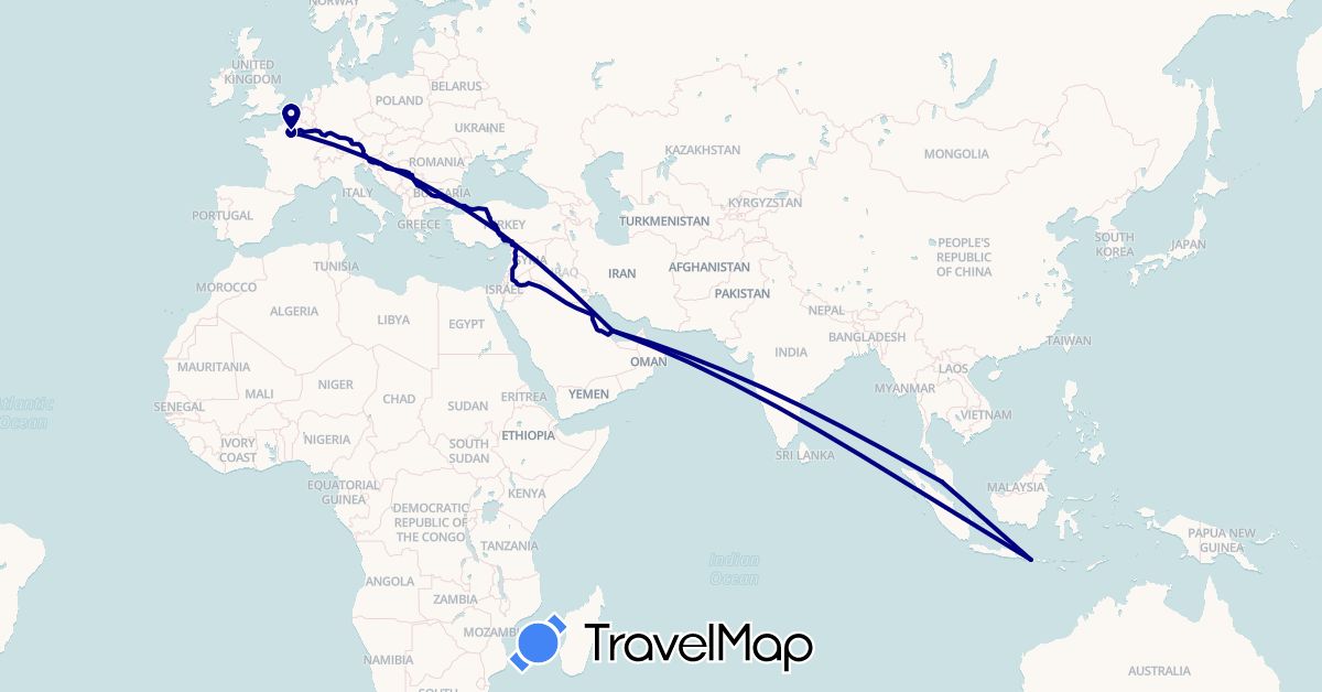 TravelMap itinerary: driving in France, Indonesia, Malaysia, Qatar (Asia, Europe)
