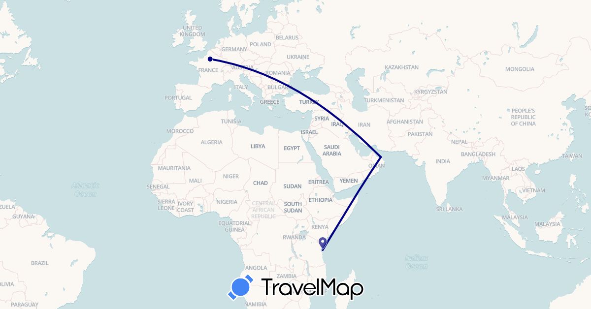 TravelMap itinerary: driving in France, Oman, Tanzania (Africa, Asia, Europe)